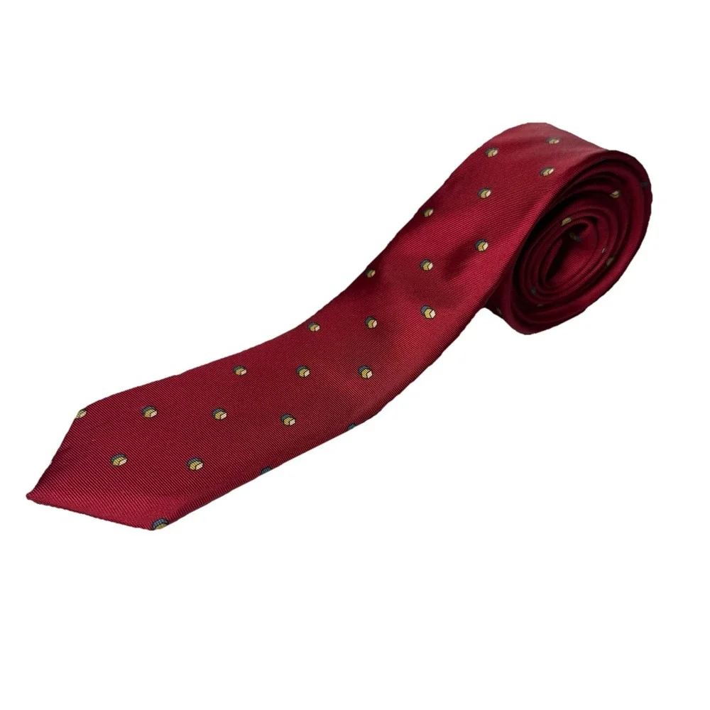100% Silk Vintage red ribbed necktie gold blue and yellow geometric cube pattern